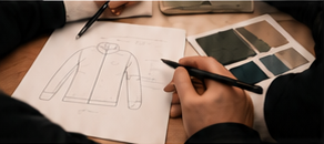 Hands reviewing a jacket sketch and fabric swatches during product development