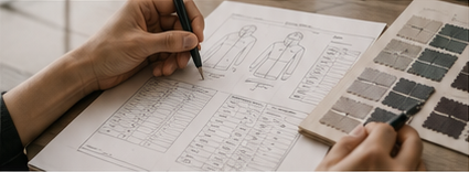 Hands reviewing garment specifications and material references before production approval