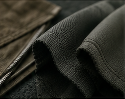 Dark green performance fabric showing its weave, folds and zipper detail