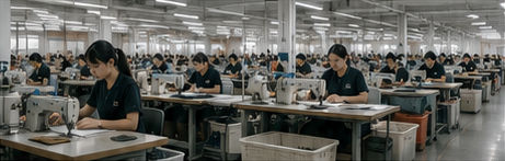 Apparel production team working at sewing stations in a garment workshop