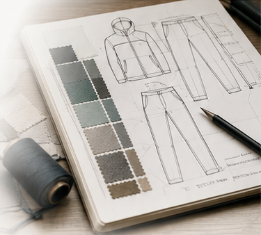 Technical garment drawings, fabric swatches and thread on a development desk