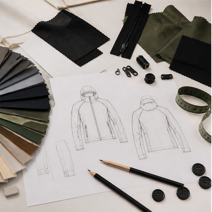 Technical sketches, swatches and trims on an apparel development desk