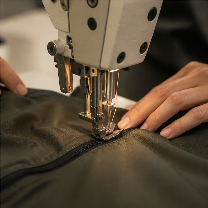 Close-up technical garment sewing process