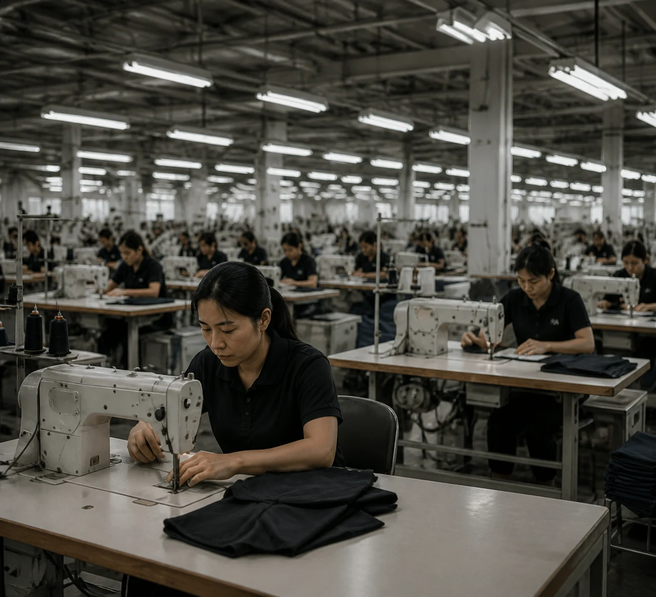 Garment production team comparing workmanship at sewing stations