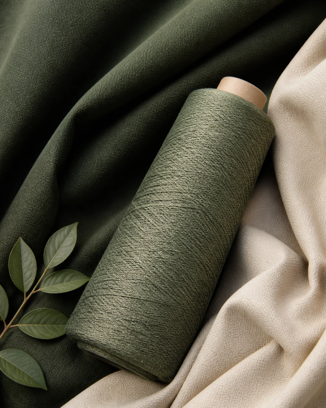 Sage yarn spool with green and natural woven fabric