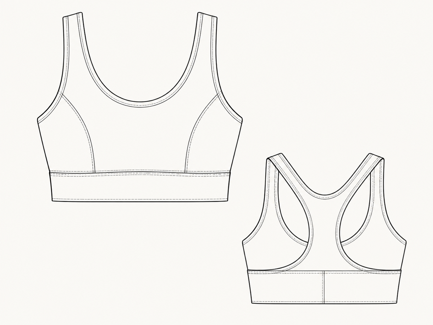 Sports bra front and back technical flat drawing