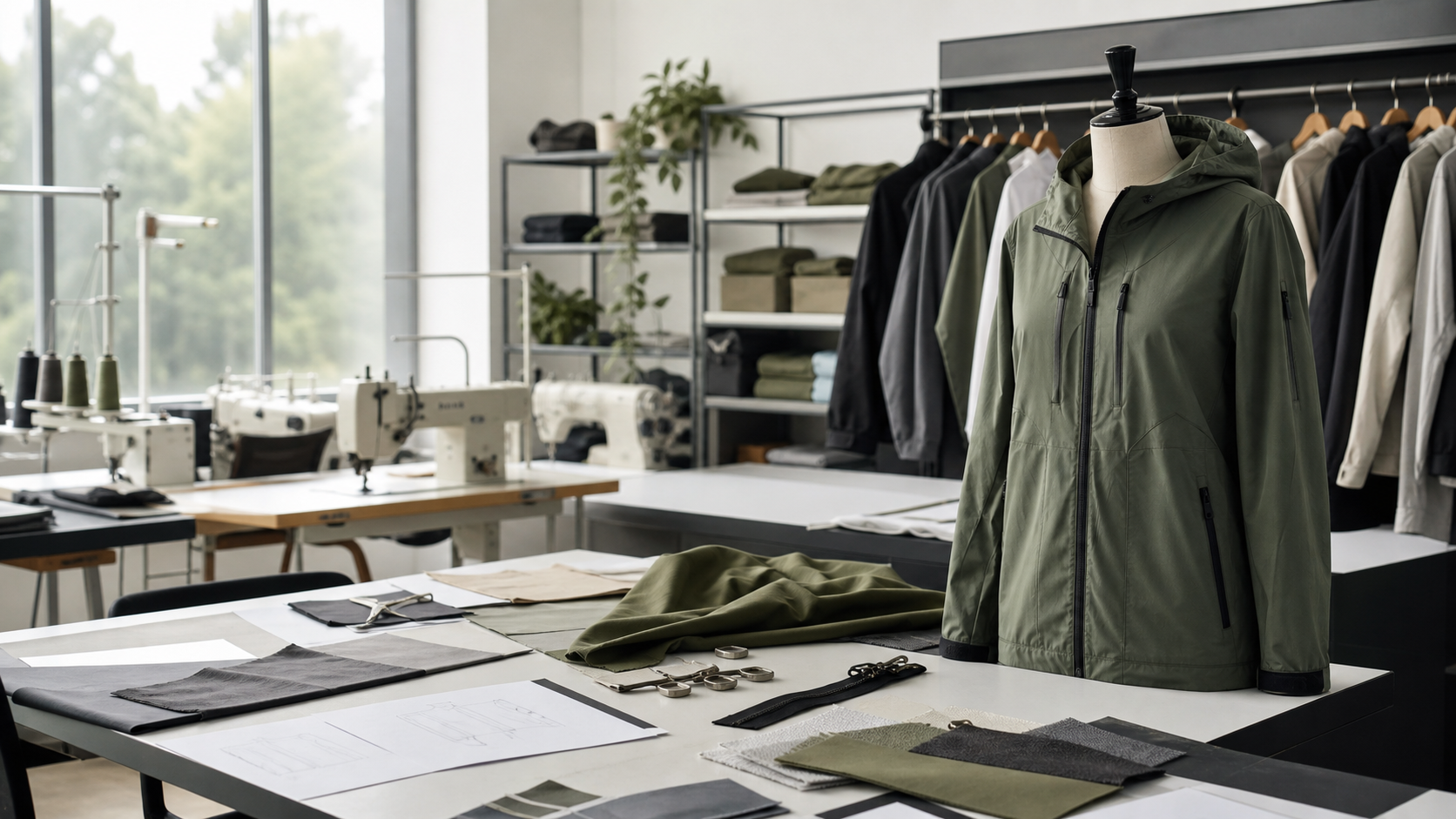 Technical apparel development workspace with garment, fabrics and pattern materials