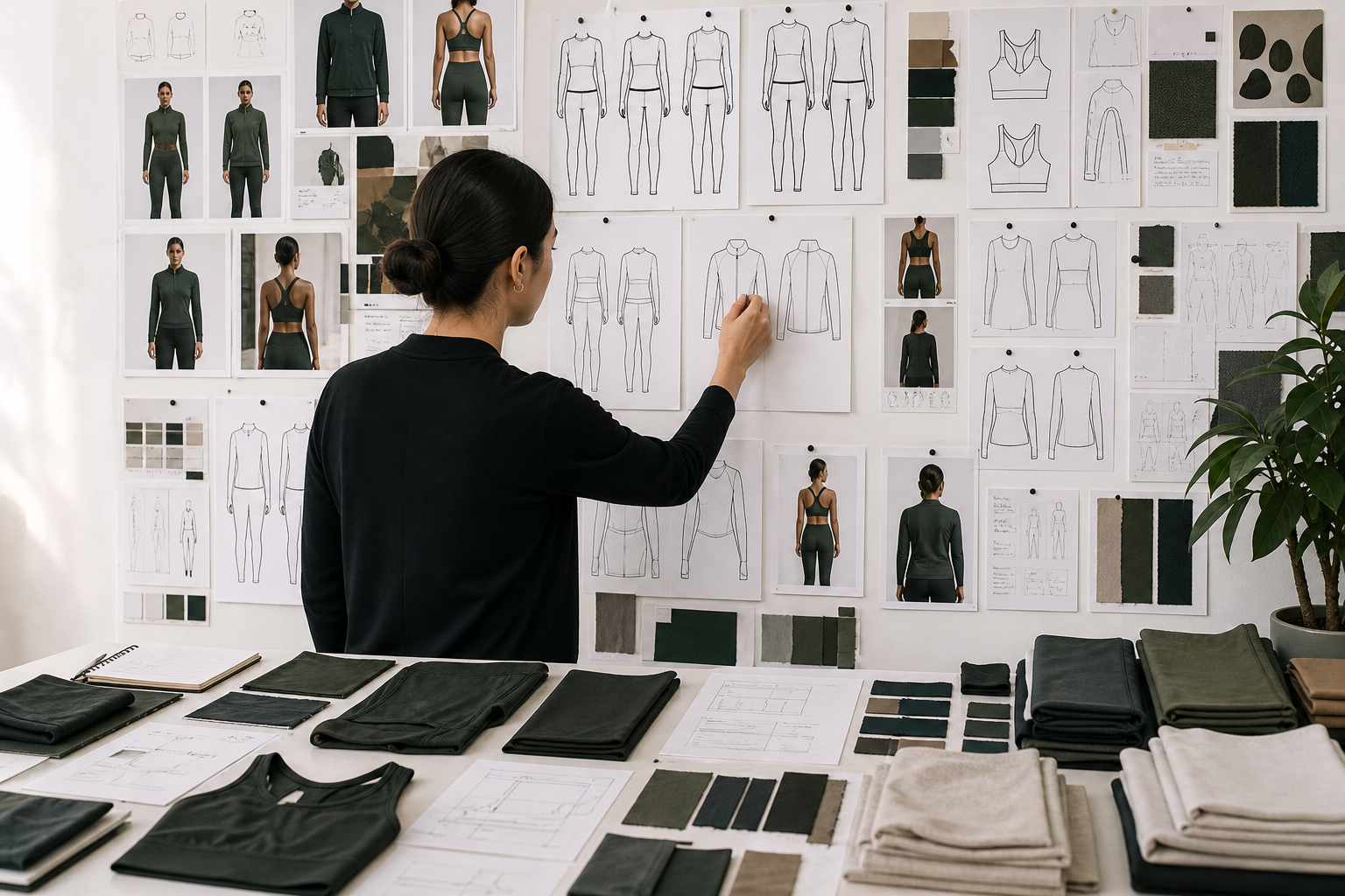 Apparel technical designer reviewing technical flats, fabric swatches and performance garment samples